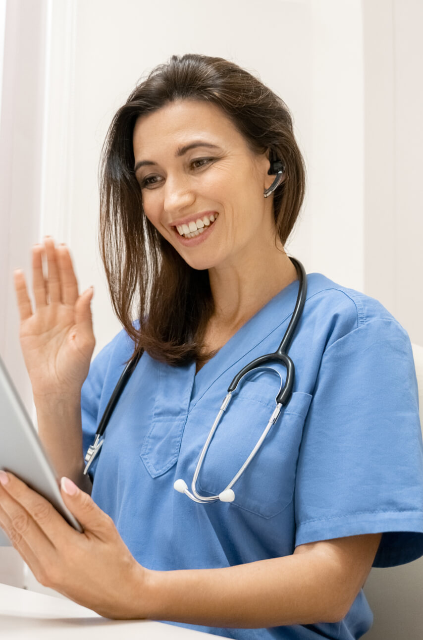 Doctor video chat , explaining with patient via tablet